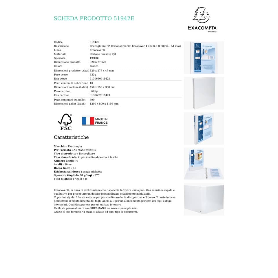 Raccoglitore personalizzabile Exacompta A4 maxi Kreacover® 4 anelli a D bianco 30 mm - 51942E