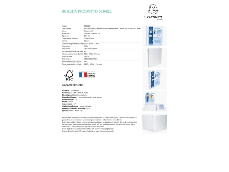 Raccoglitore personalizzabile Exacompta A4 maxi Kreacover® 4 anelli a D bianco 30 mm - 51942E