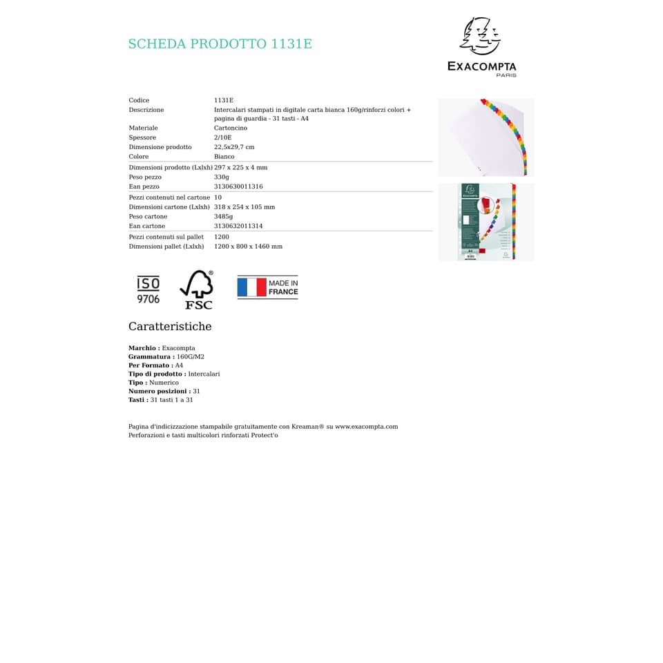 Intercalari stampati in digitale Exacompta multicolori rinforzati Protect'o cartoncino A4 160g/mq da 1 a