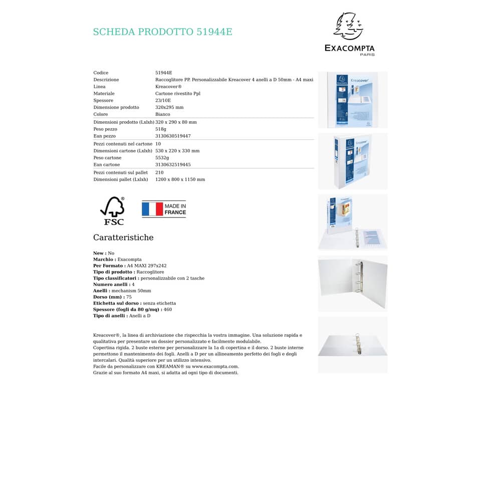 Raccoglitore personalizzabile Exacompta A4 maxi Kreacover® bianco 4 anelli a D 50 mm - 51944E