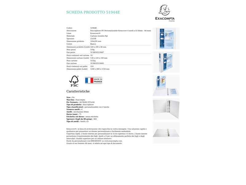 Raccoglitore personalizzabile Exacompta A4 maxi Kreacover® bianco 4 anelli a D 50 mm - 51944E