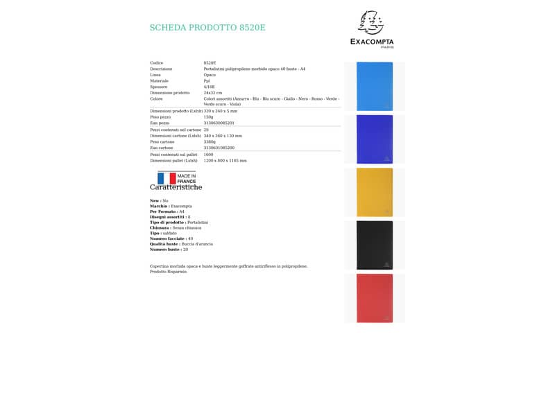 Portalistini Exacompta LINEA OPACO 8 colori assortiti ppl A4 20 buste 8520E