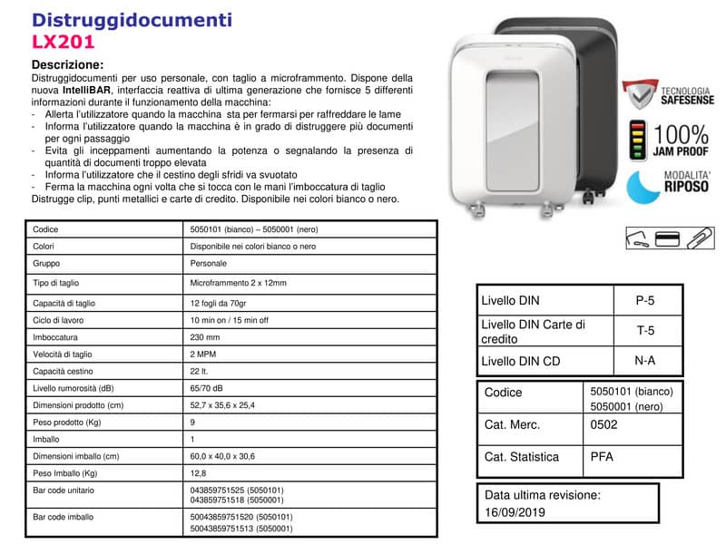 Distruggidocumenti uso moderato Fellowes LX201 - P-5 - 22 L - taglio a microframmenti 2x12 mm - bianco 5050101