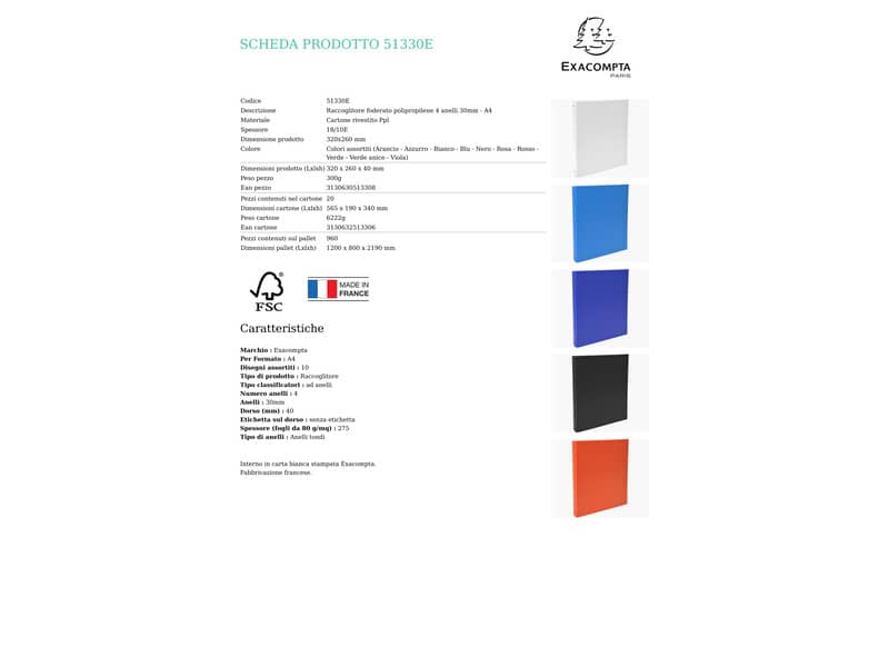 Raccoglitore ad anelli Exacompta 4 anelli Ø 30 mm cartone rivestito Ppl A4 10 colori assortiti - 51330E