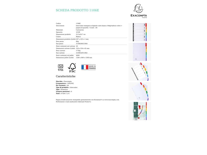 Intercalari stampati in digitale Exacompta multicolori rinforzati Protect'o cartoncino A4 160g/mq 6 tasti