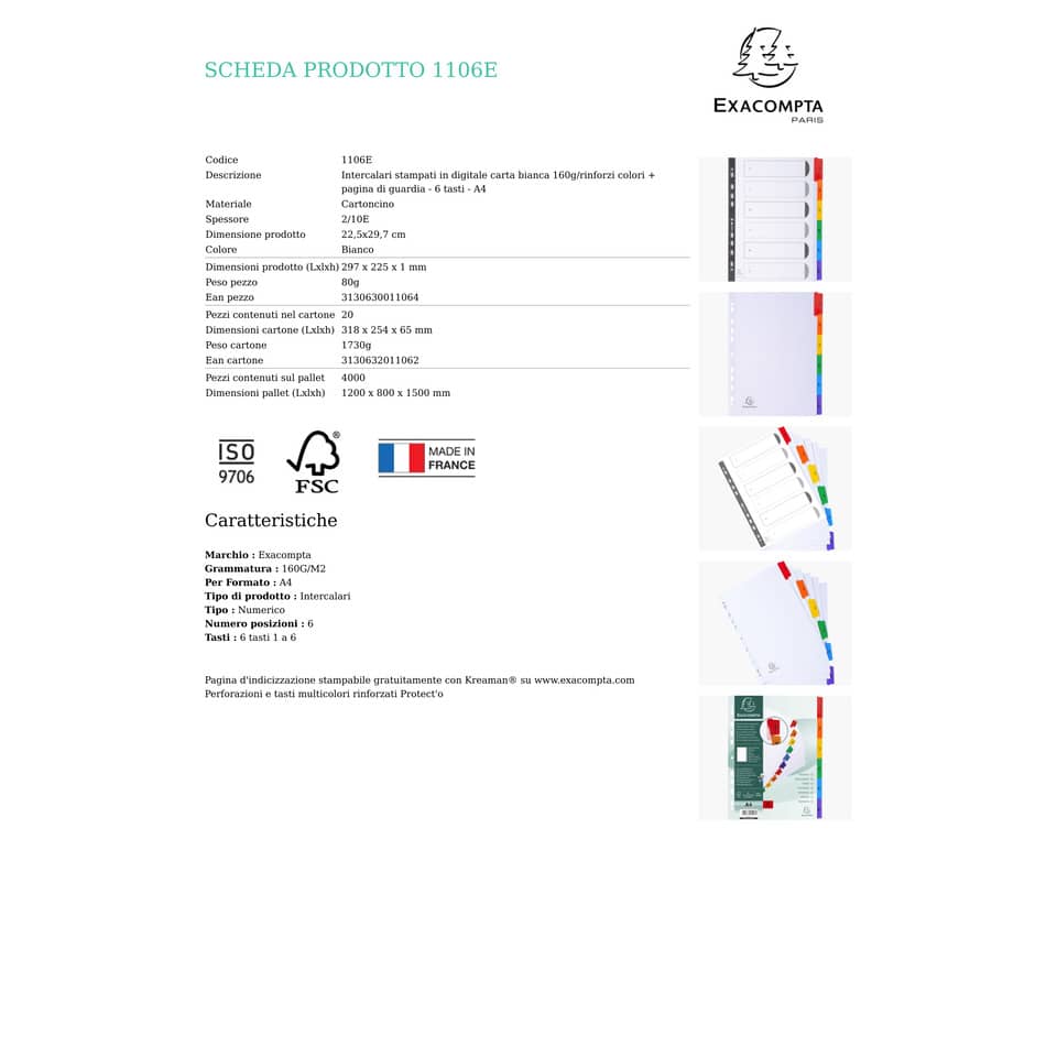 Intercalari stampati in digitale Exacompta multicolori rinforzati Protect'o cartoncino A4 160g/mq 6 tasti
