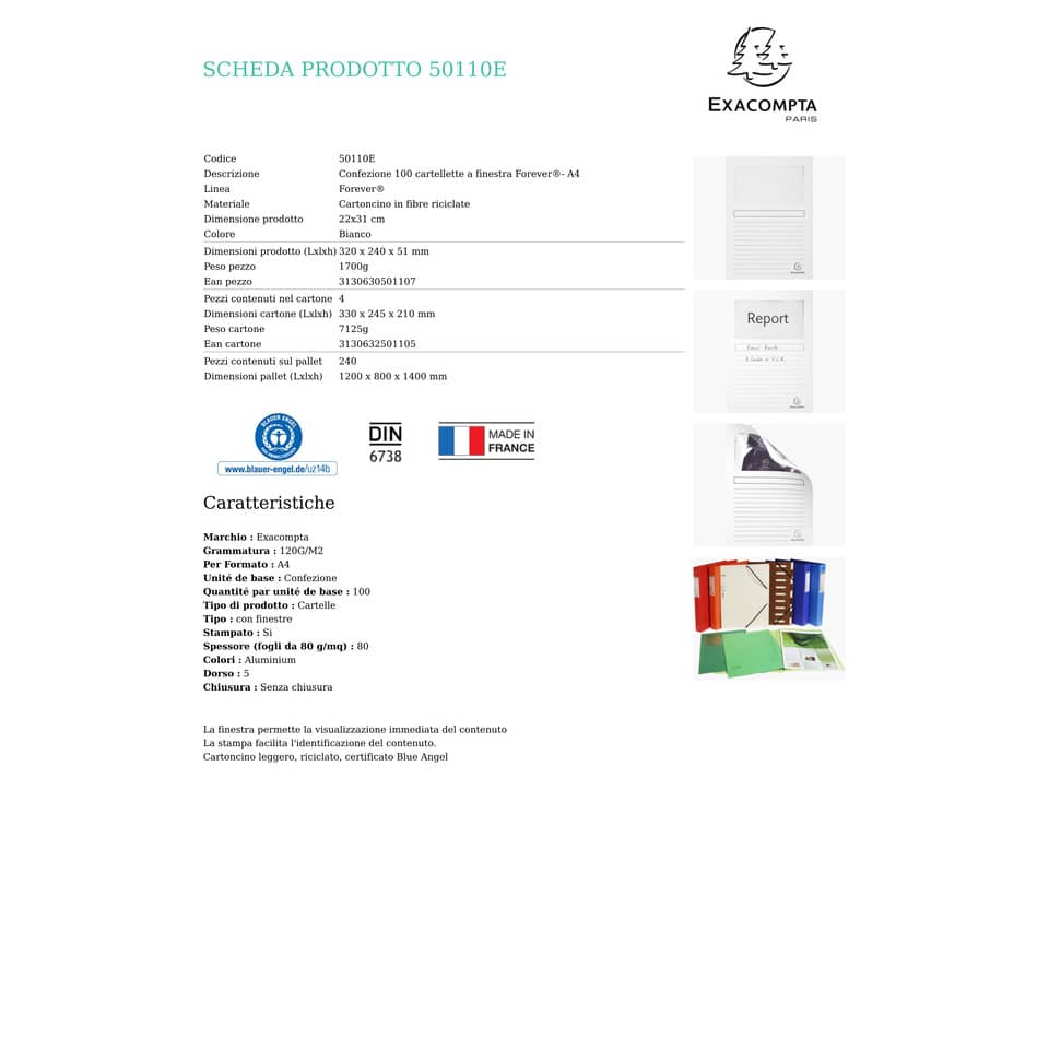 Cartelline con finestra Exacompta Forever® A4 cartoncino 120 g/m² bianco conf. da 100 - 50110E