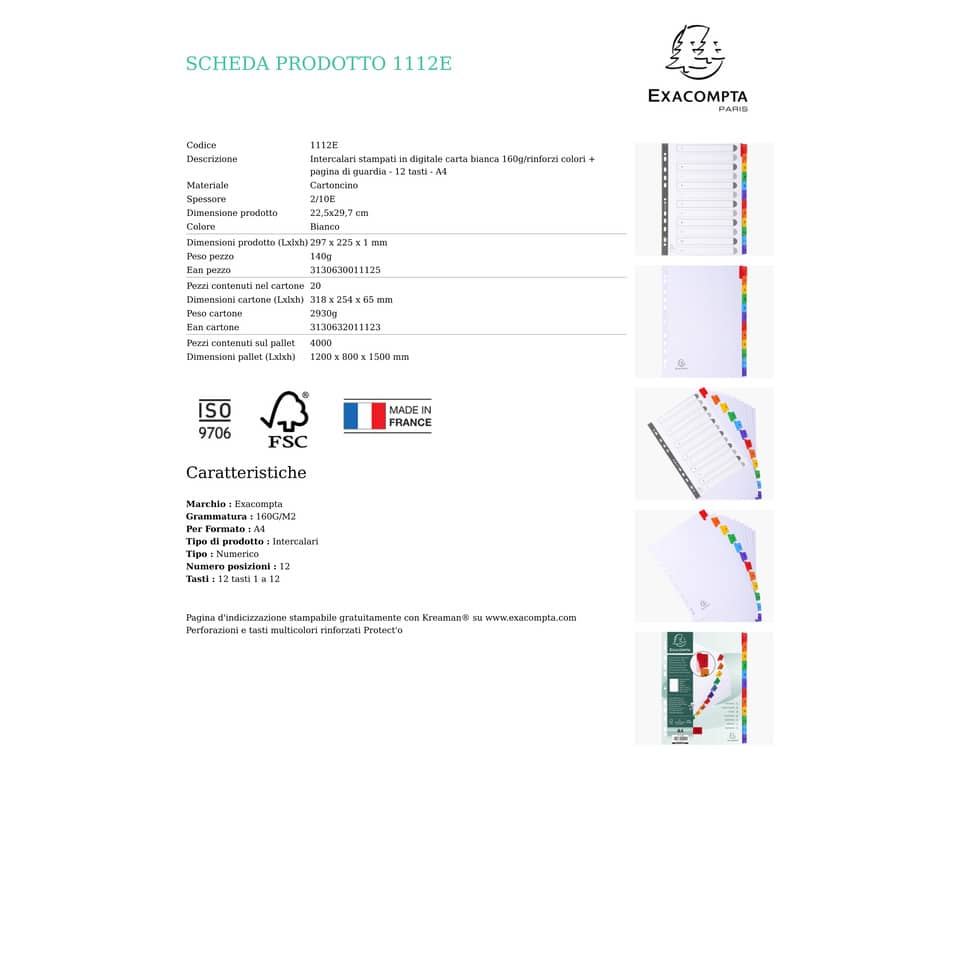 Intercalari stampati in digitale Exacompta Protect'o cartoncino A4 160g/mq 12 tasti da 1 a 12 - 1112E