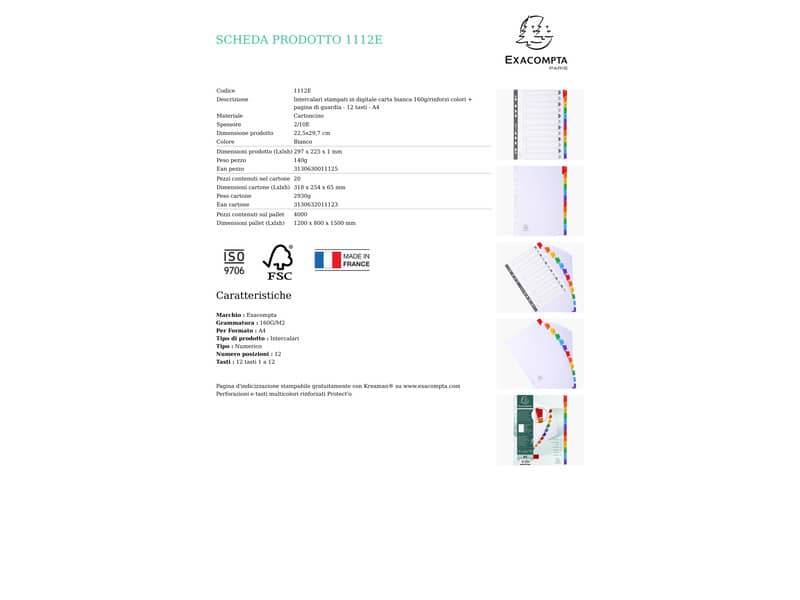 Intercalari stampati in digitale Exacompta Protect'o cartoncino A4 160g/mq 12 tasti da 1 a 12 - 1112E