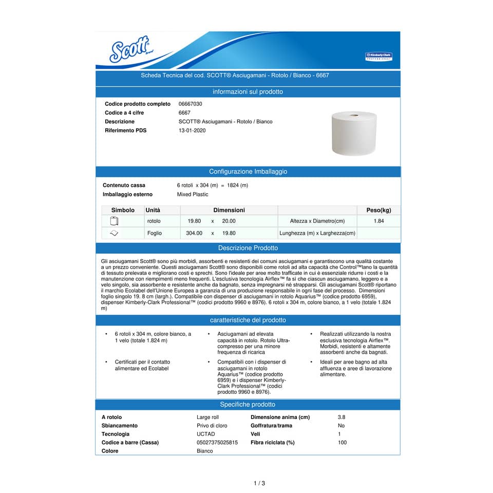 Rotolo asciugamani SCOTT® Controlomatic 1 velo 29,8 cm x 304 m Bianco conf. da 6 rotoli - 6667