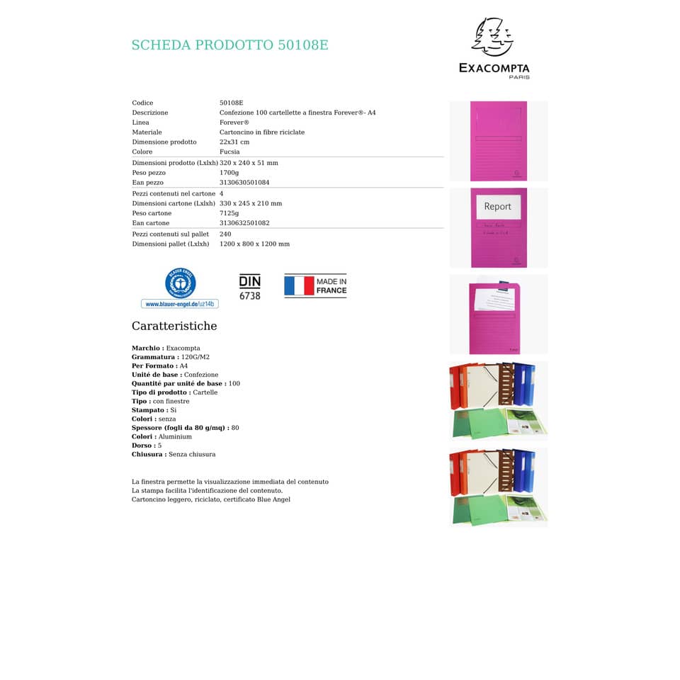 Cartelline con finestra Exacompta Forever® A4 cartoncino 120 g/m² fucsia conf. da 100 - 50108E
