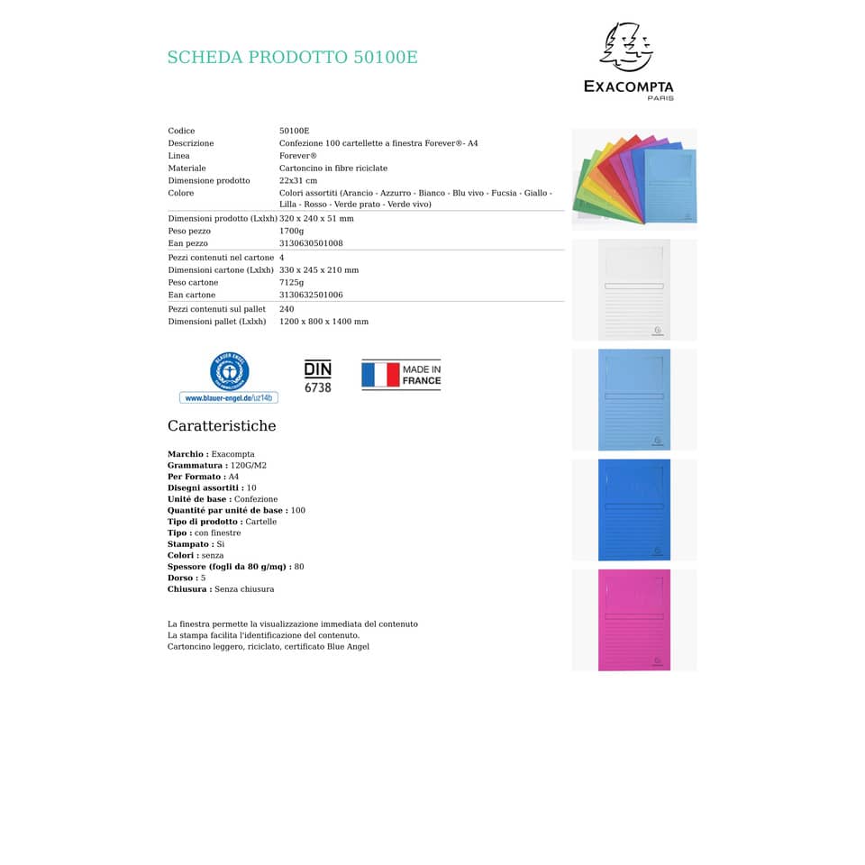 Cartelline con finestra Exacompta Forever® A4 cartoncino 120 g/m² assortiti  conf. da 100 - 50100E