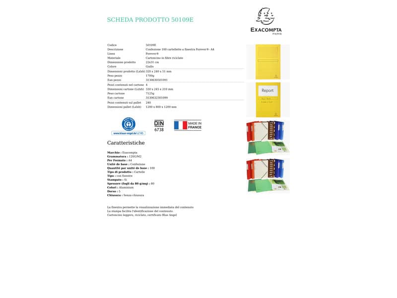 Cartelline con finestra Exacompta Forever® A4 cartoncino 120 g/m² giallo conf. da 100 - 50109E