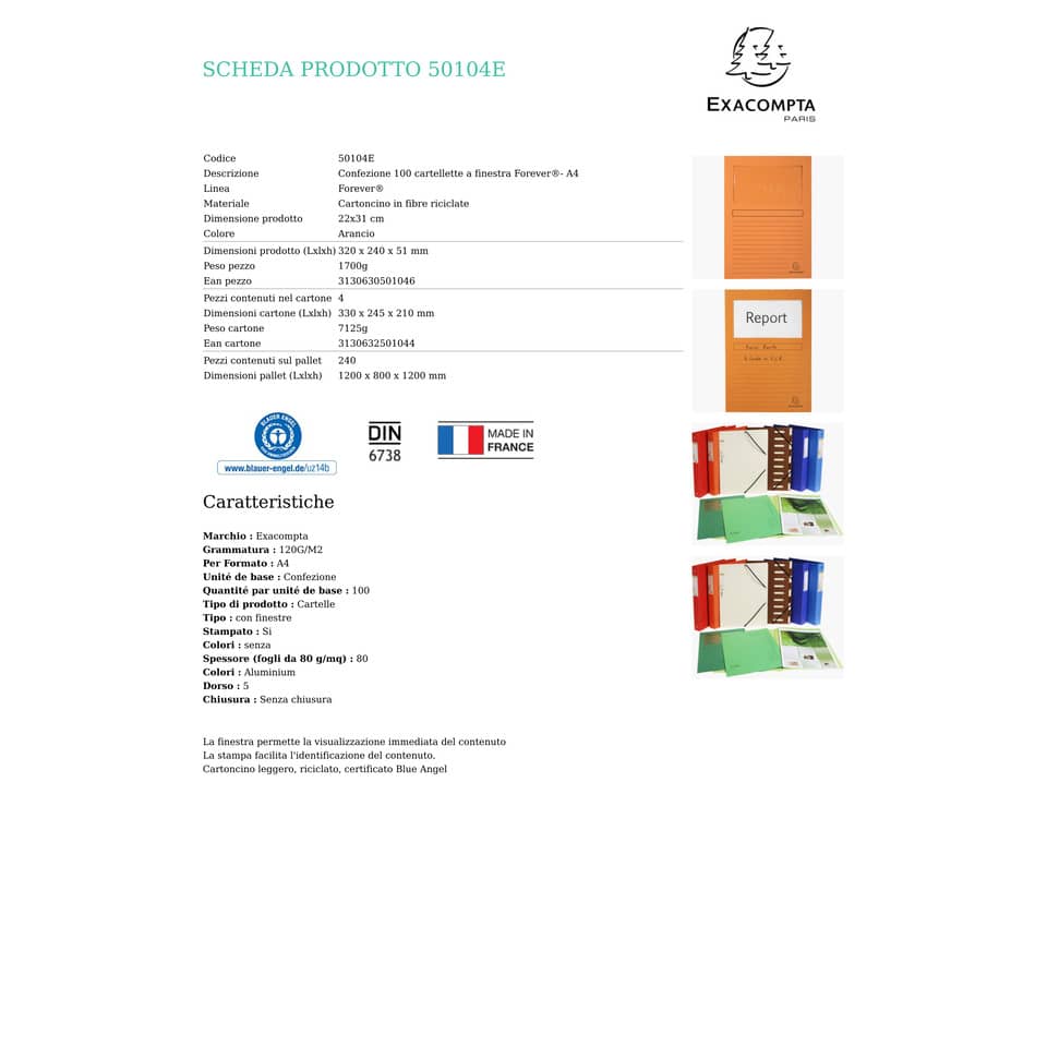 Cartelline con finestra Exacompta Forever® A4 cartoncino 120 g/m² arancio conf. da 100 - 50104E
