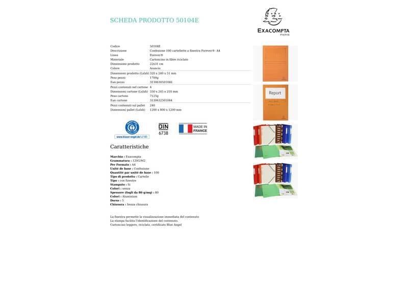 Cartelline con finestra Exacompta Forever® A4 cartoncino 120 g/m² arancio conf. da 100 - 50104E
