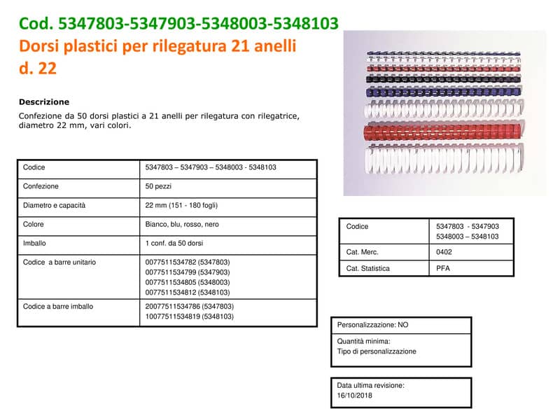 Dorsi plastici per rilegatura FELLOWES ad anello tondo 22 mm blu 151-180 fogli - conf. 50 - 5347903