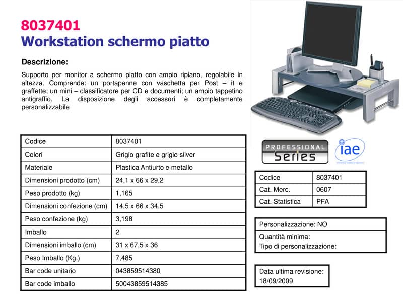 Workstation per schermo piatto FELLOWES Professional Series 23,5 x 65,72 x 29,21 cm grigio/nero - 8037401