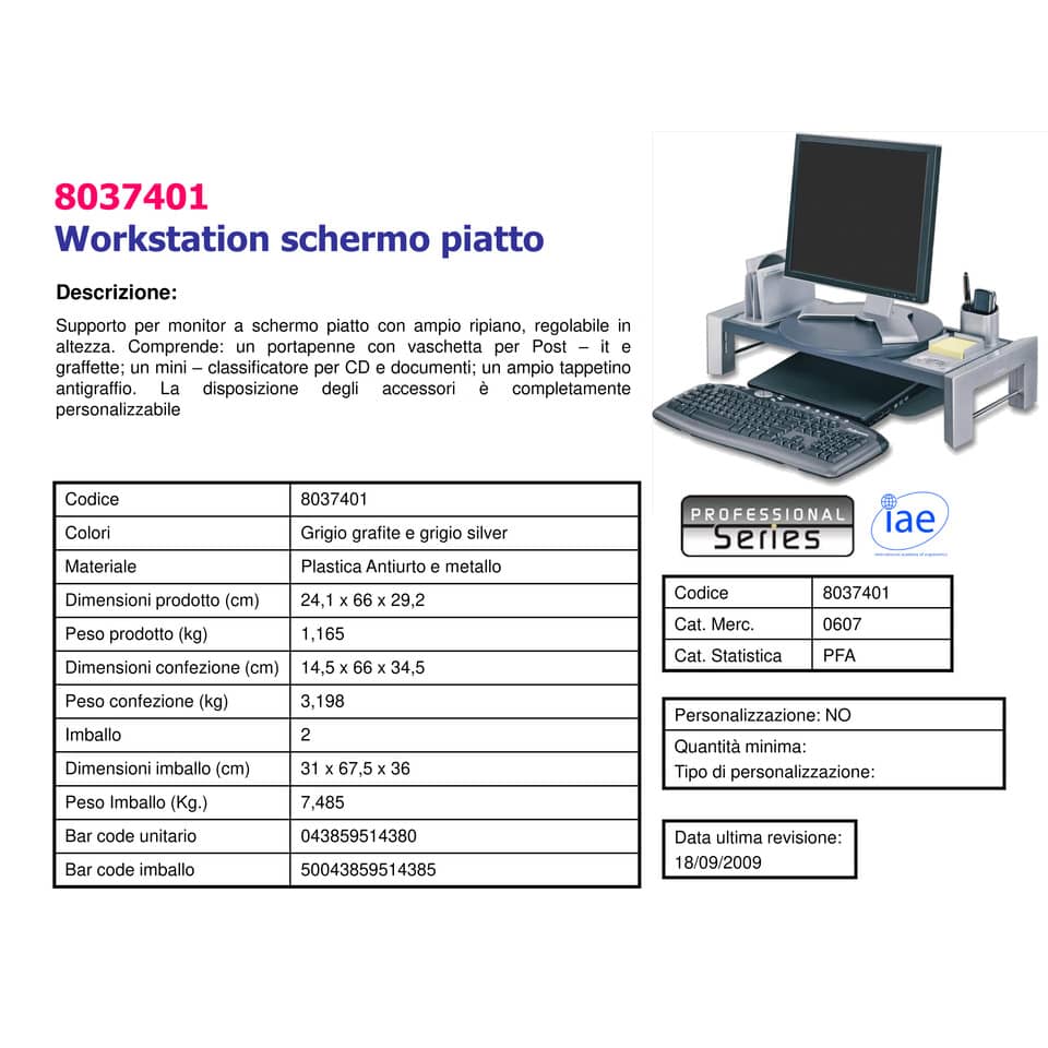 Workstation per schermo piatto FELLOWES Professional Series 23,5 x 65,72 x 29,21 cm grigio/nero - 8037401