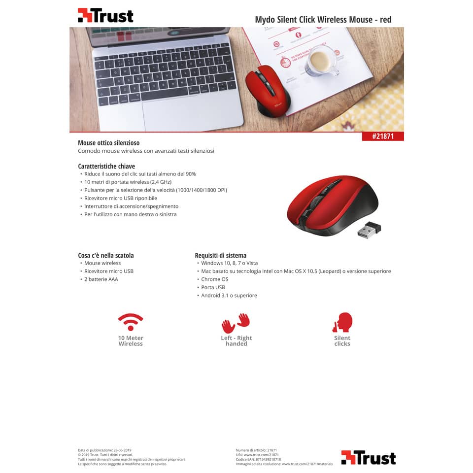 Mouse wireless Trust Mydo Silent Click  rosso - 21871