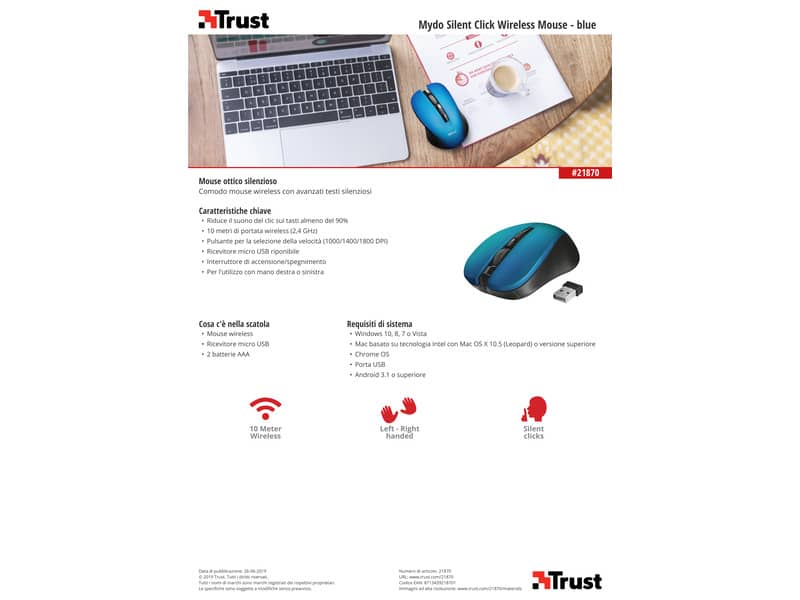 Mouse wireless Trust Mydo Silent Click  blu - 21870