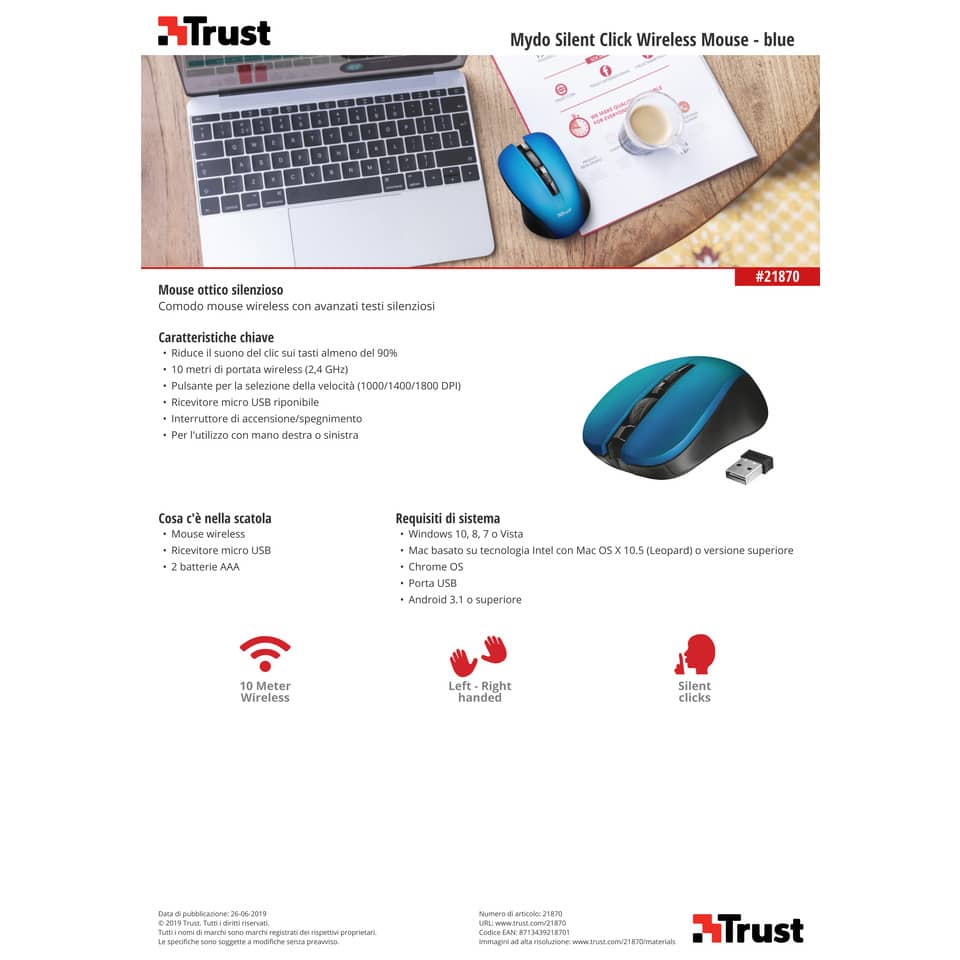 Mouse wireless Trust Mydo Silent Click  blu - 21870