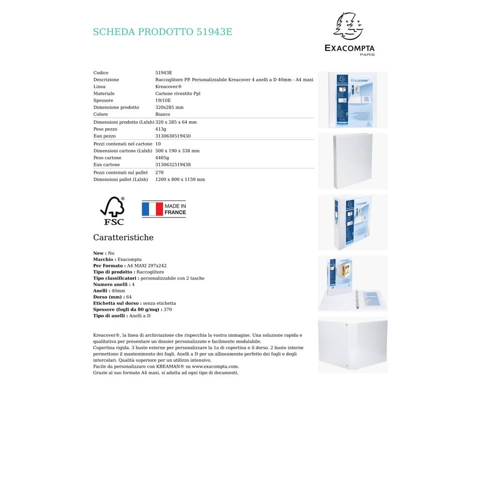 Raccoglitore personalizzabile Exacompta A4 maxi Kreacover® bianco 4 anelli a D 40 mm - 51943E