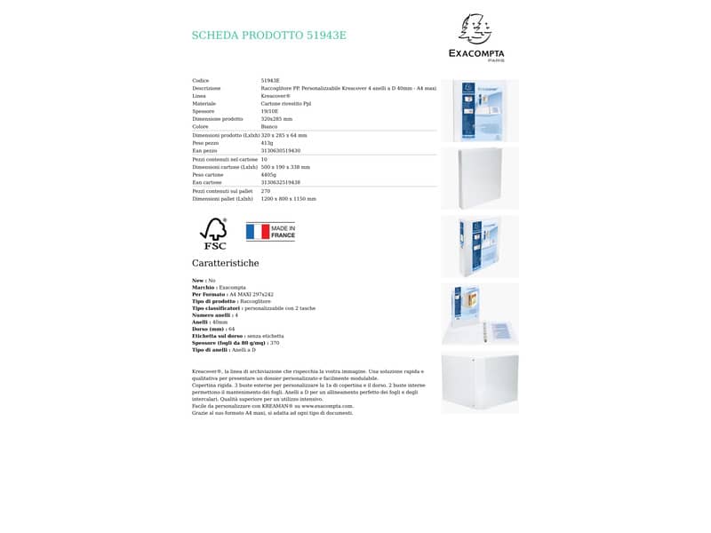 Raccoglitore personalizzabile Exacompta A4 maxi Kreacover® bianco 4 anelli a D 40 mm - 51943E
