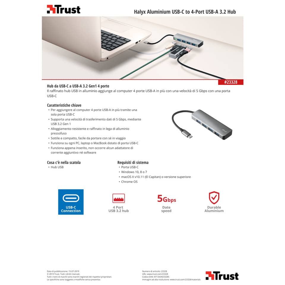 Hub Halyx Aluminium USB-C to 4-Port Trust silver 23328