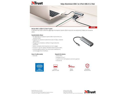 Hub Halyx Aluminium USB-C to 4-Port Trust silver 23328