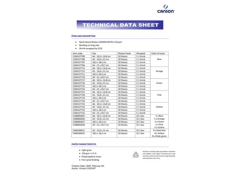 Quaderno a spirale Canson A5 - 50 fogli assortiti C200003026