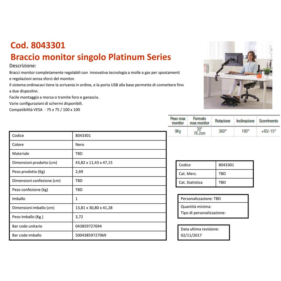Braccio Monitor Singolo per regolare monitor LCD/TFT Fellowes Platinum Series nero max 24 pollici - 8043301