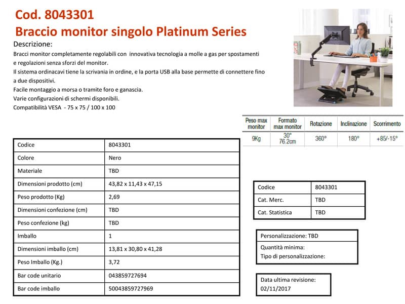 Braccio Monitor Singolo per regolare monitor LCD/TFT Fellowes Platinum Series nero max 24 pollici - 8043301