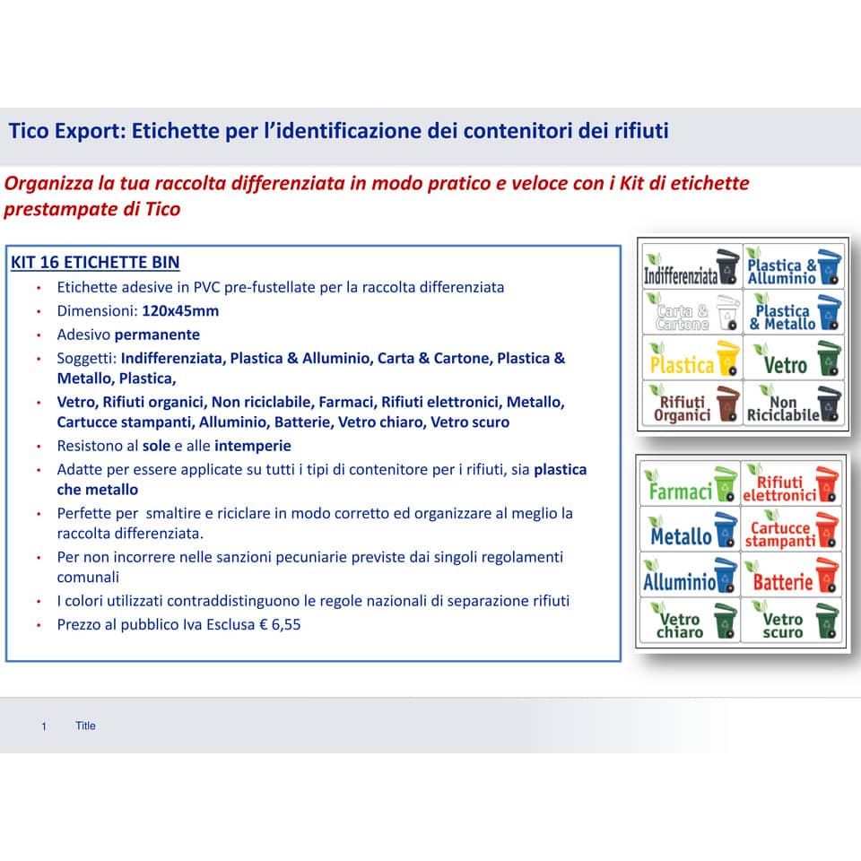 Etichette per contenitori portarifiuti raccolta differenziata TICO 120x45 mm 8 et/foglio - conf. 2 fogli KIT-OF16-IT