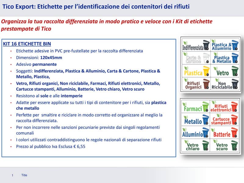 Etichette per contenitori portarifiuti raccolta differenziata TICO 120x45 mm 8 et/foglio - conf. 2 fogli KIT-OF16-IT