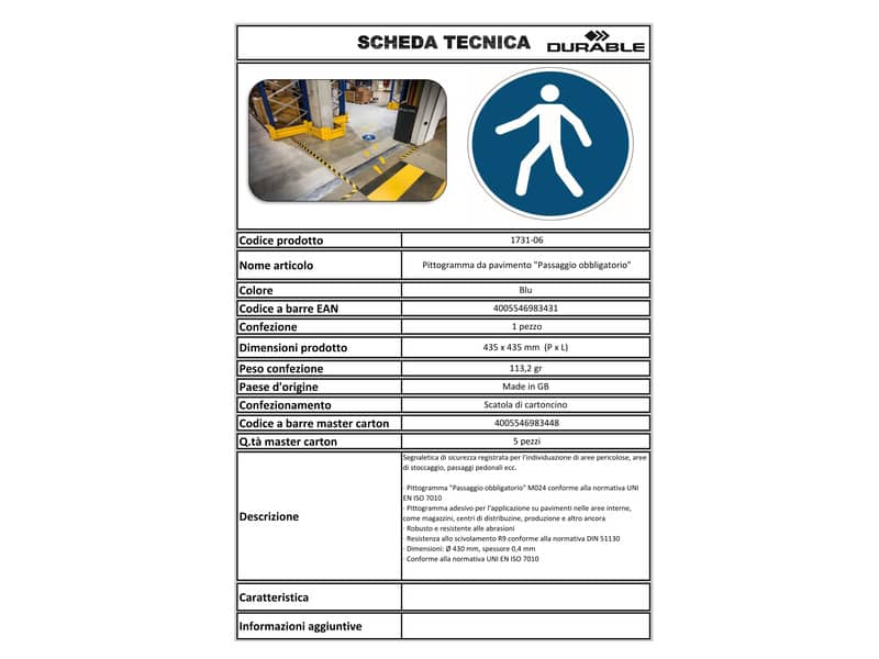 Pittogramma da pavimento "Passaggio obbligatorio" DURABLE azzurro Ø 430 mm 173106