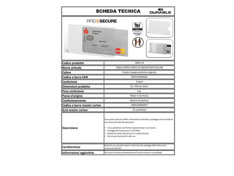 Tasca porta carte di credito DURABLE RFID SECURE CONFEZIONE RETAIL trasparente 54x86mm  conf. 3 - 890319