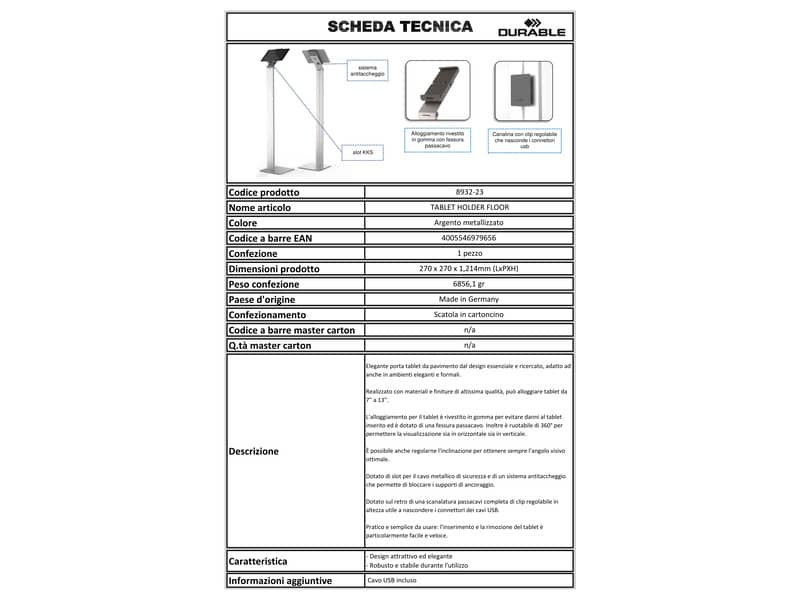 Porta tablet da pavimento DURABLE per tablet da 7" a 13" argento metallizzato 27x27x121,5cm - 893223
