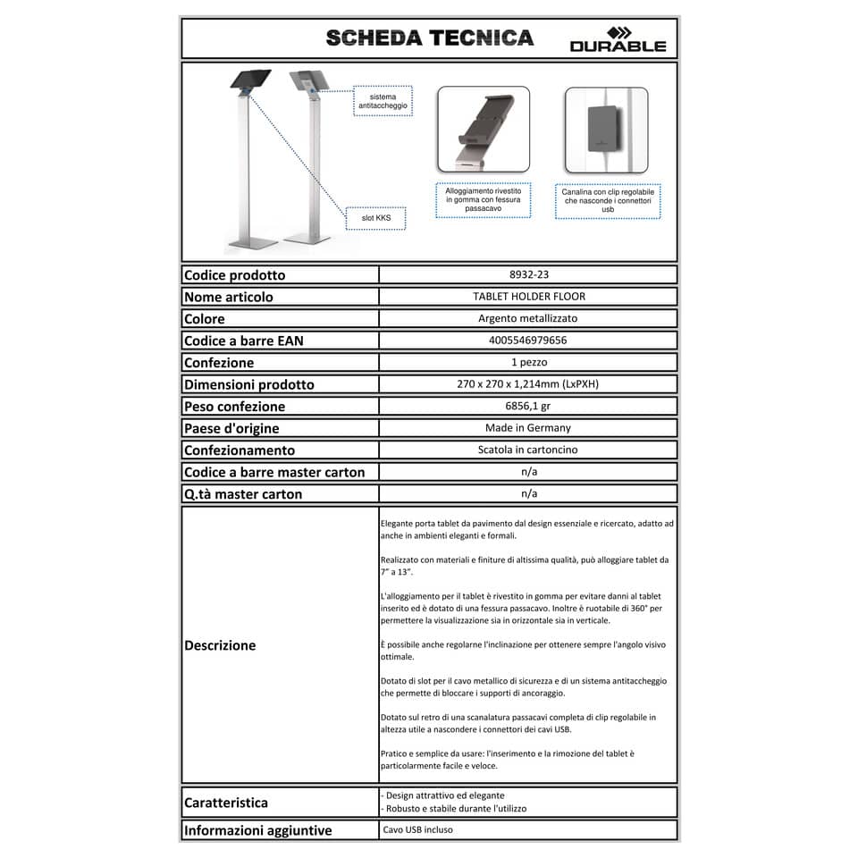 Porta tablet da pavimento DURABLE per tablet da 7" a 13" argento metallizzato 27x27x121,5cm - 893223