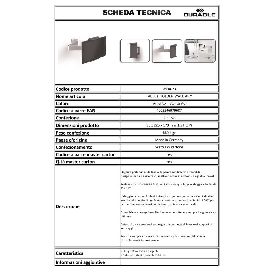 Porta tablet da muro DURABLE con braccio estensibile argento metallizzato 9,5x22,5x17cm - 893423