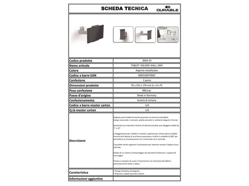 Porta tablet da muro DURABLE con braccio estensibile argento metallizzato 9,5x22,5x17cm - 893423