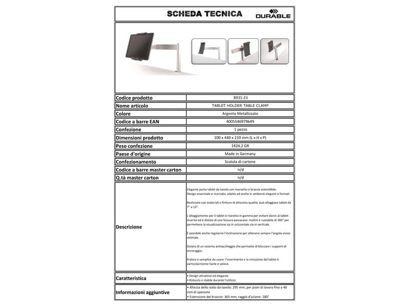 Porta tablet da tavolo Durable, morsetto e braccio di supporto estensibile argento metallizzato 10x44x21cm - 893123
