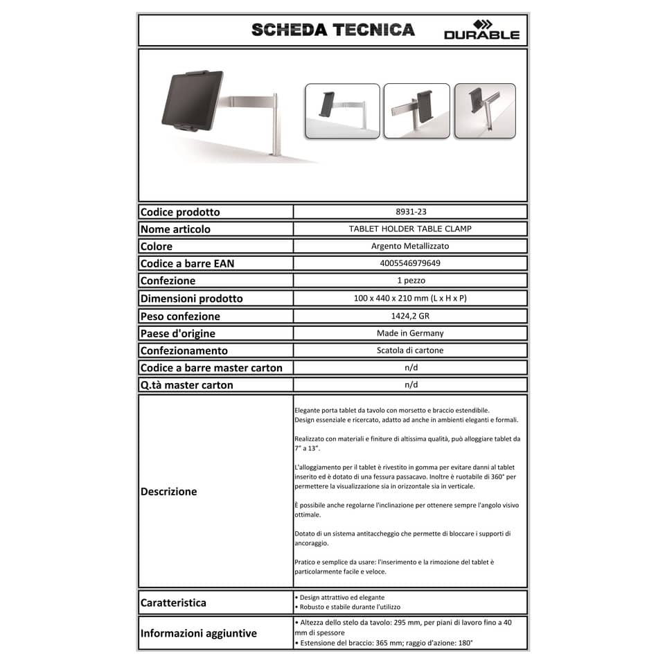 Porta tablet da tavolo Durable, morsetto e braccio di supporto estensibile argento metallizzato 10x44x21cm - 893123