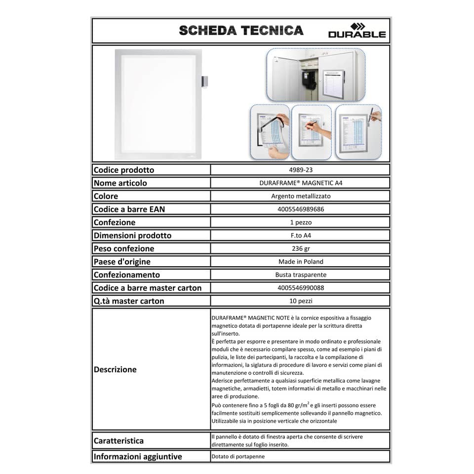 Cornice espositiva DURABLE DURAFRAME® Magnetic Note a fissaggio magnetico A4  argento metallizzato - 498923