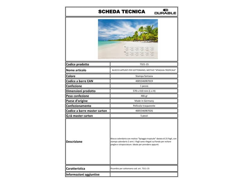 Blocco calendario DURABLE 570x410 mm 25 ff stampa a fantasia spiaggia tropicale 732115