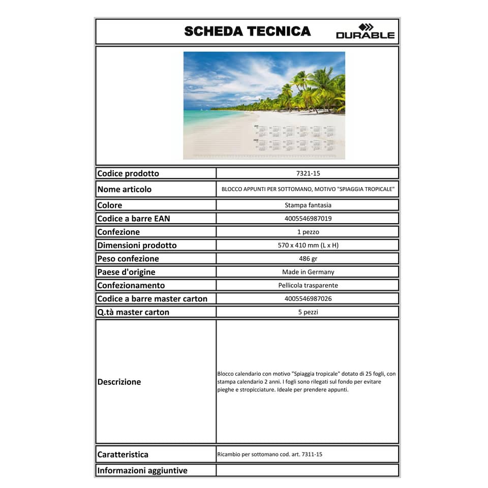 Blocco calendario DURABLE 570x410 mm 25 ff stampa a fantasia spiaggia tropicale 732115