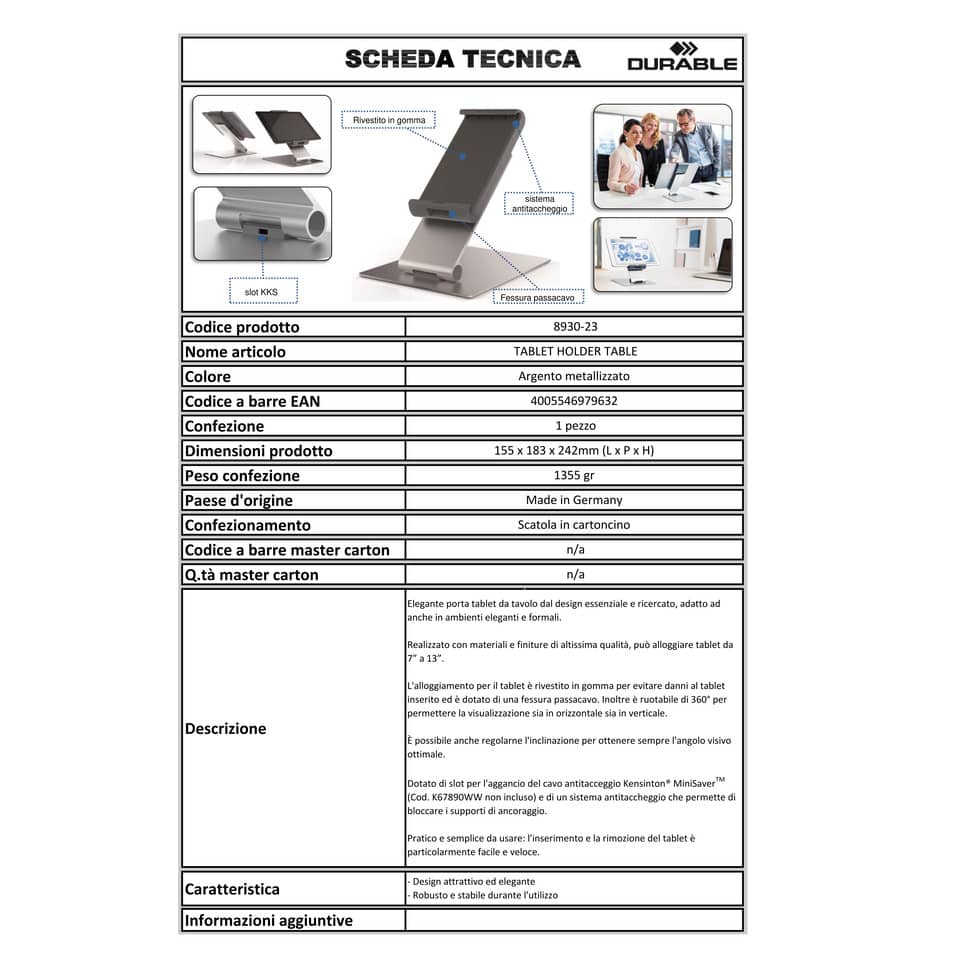 Porta tablet da tavolo DURABLE per tablet da 7" a 13" argento metallizzato 15,5x24,2x18,3cm - 893023