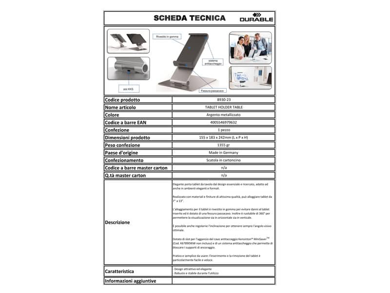 Porta tablet da tavolo DURABLE per tablet da 7" a 13" argento metallizzato 15,5x24,2x18,3cm - 893023