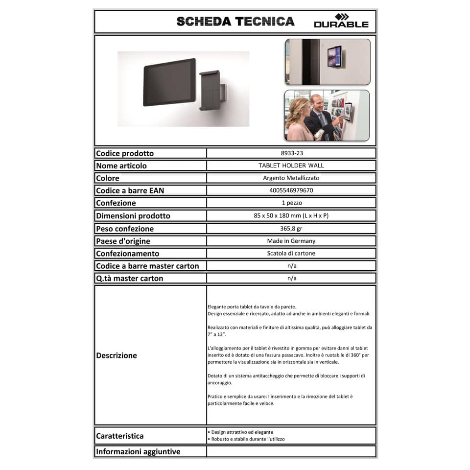 Porta tablet da muro DURABLE per tablet da 7" a 13" argento metallizzato 8,5x5x18cm - 893323