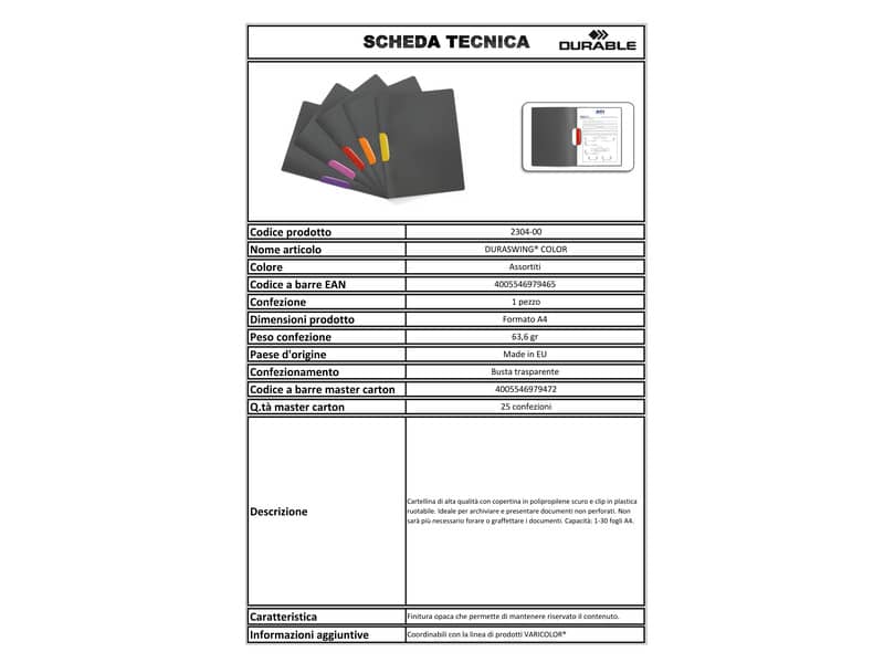 Cartellina con clip DURABLE DURASWING® COLOR polipropilene scuro A4 colore clip assortiti  Conf. 5 pezzi - 230400