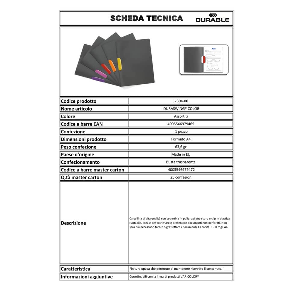 Cartellina con clip DURABLE DURASWING® COLOR polipropilene scuro A4 colore clip assortiti  Conf. 5 pezzi - 230400